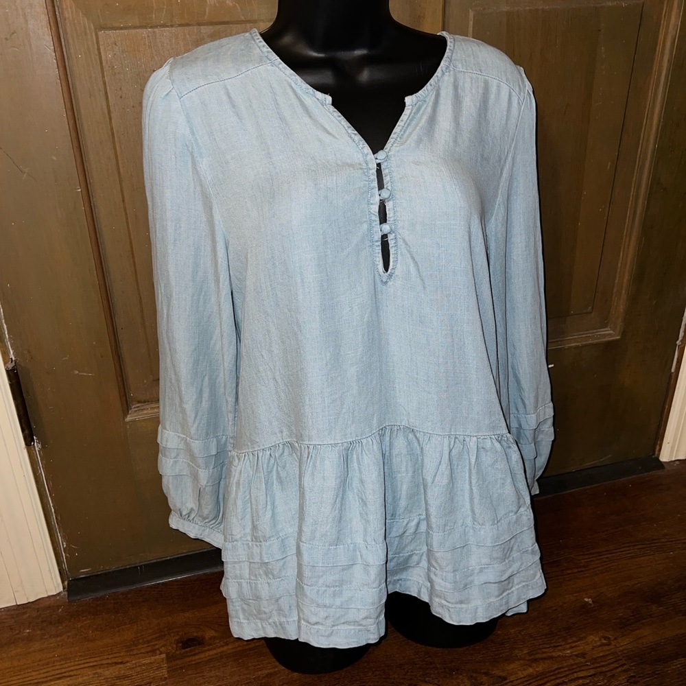 American Eagle Light Blue Tiered Peasant Top Long Sleeve Ruffled Blouse Size M - Picture 3 of 8